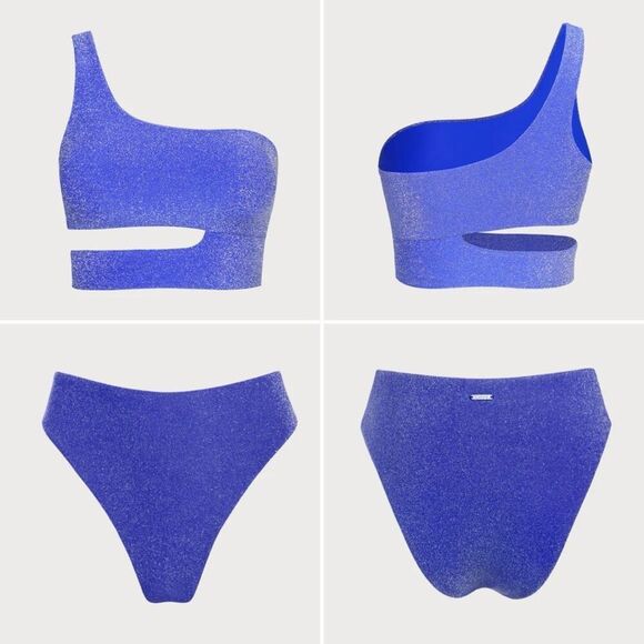Berlook Lurex One Shoulder Bikini Top & High Waisted Bottoms Set Blue Size 16 - Picture 10 of 12